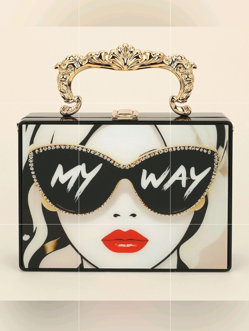 White Pop Art MY WAY Rectangle Black Sunglasses Statement Crossbody Purse Gold